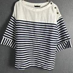 ZARA ストライプ 五分袖トップス S ネイビー×ホワイト きれいめ 薄手