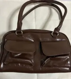 ブラウン ポケット付き ミニボストンバッグ ショルダーバッグ