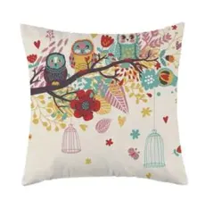 3【クッションカバー】フクロウ 花 枝 鳥かご カラフル