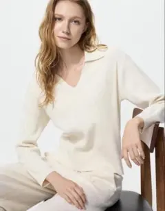 UNIQLO アイボリー ウォッシャブルニットリブポロセーター