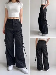 ZARA サテン カーゴパンツ 黒 XS パラシュートパンツ 裾絞り ストラップのサムネイル
