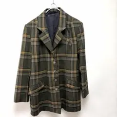 ヴィンテージ風 チェック柄 テーラードジャケット カーキ 深緑 レトロ L相当