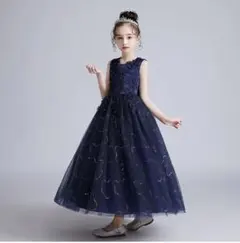 160濃紺 フォーマルロングドレス ノースリーブレースドレス 発表会 結婚式