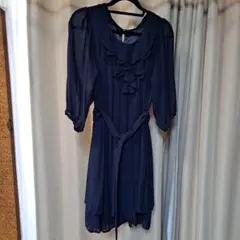 ネイビー フリル付き ワンピース 七分袖　マタニティ用　授乳可能