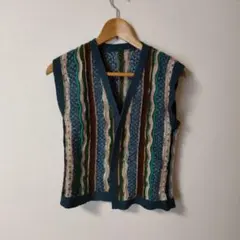 ストライプ Vネック ニットベスト　ハンドメイド　男女兼用　レトロ昭和