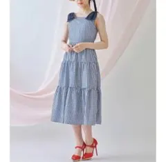【美品】トッコクローゼット 肩りぼん付きギンガムチェックティアードワンピース紺
