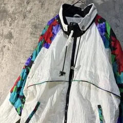 【KEY TRU ナイロンジャケット】白×総柄 M〜 90s フルジップ 古着