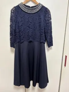 ネイビーレースビジュー付きドレス XL