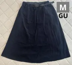 GU コーデュロイフレアスカート Mサイズ ネイビー ウエストベルト付