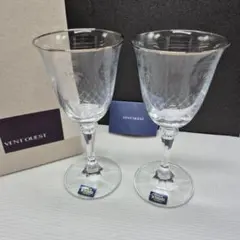 ボヘミア　ロンド　ワイングラス　ペア　エッチング・プラチナ装飾　チェコ製　新品