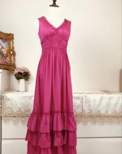 美品　ランバンオンブルー　シルク混　ロングワンピース　ビビットピンク　38