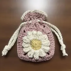 イヤホンケース　巾着袋　ハンドメイド　ぷっくりお花モチーフ編み　小物入れ