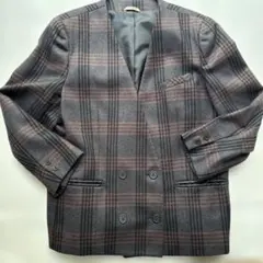 チェック柄　ノーカラー　ジャケット　肩パッド付き　レトロ