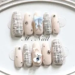 ネイルチップ フレンチガーリー リボン 水色 クマ ツイードネイル 量産型 韓国