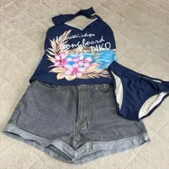 ハワイアンプリント セパレート水着とデニムショートパンツ3点セット