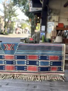 692 アンティークキリム トルコ トライバル インディゴ ラグ 百貨店購入