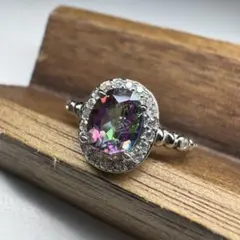レア❗️白水晶コーティングリング　オーロラ色　天然石リング　フリーサイズ