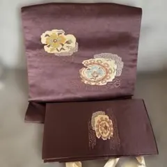 紫色 花柄刺繍 作り帯