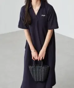 FILA カノコ ゆったりフレア ポロワンピース L ネイビー Aライン 半袖のサムネイル