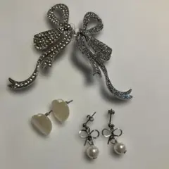 リボン型クリスタルピアスとハート型ピアス3点セット