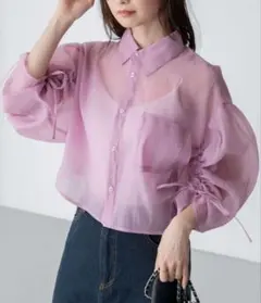 美品　BONLECILL　2wayギャザースリーブ クロップドシアーシャツのサムネイル