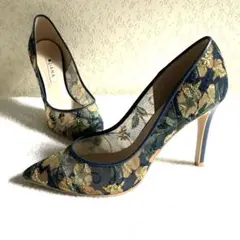 23.5北斎 ✨絵画シリーズ 刺繍 9cm ヒール ネイビー ダイアナ