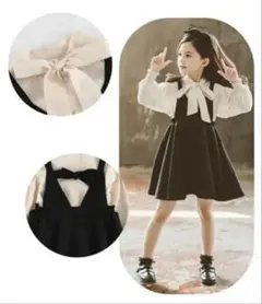 リボン付きブラウスとサロペットワンピースセット