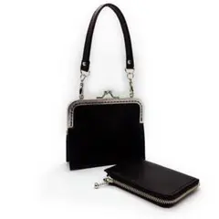 【本革】がま口ポーチ マイクロウォレット セット ブラックレザー ハンドメイド