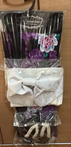 浴衣・帯・ 黒・紫・青花柄