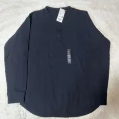 ユニクロ　UNIQLOワッフル ヘンリーネック長袖カットソー L 黒　サーマル