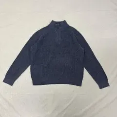 【美品】L.L.Bean ハーフジップ コットンニット 青 整形編み 短丈
