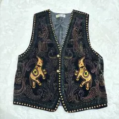 ヴィンテージusedレトロ古着ベルベット象ジャガードベスト　ベロア　エスニック