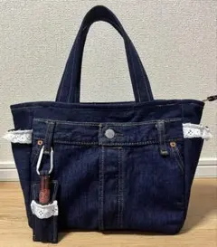 トートバッグ　ポケット付き　リップホルダー付き　デニムリメイク　ハンドメイド