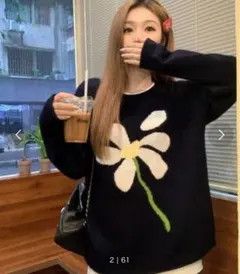 花柄デザイン ネイビー ニットセーター