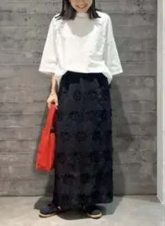 2024SS セルロースナイロンエンブロイダリー ロングスカート ブラック　M