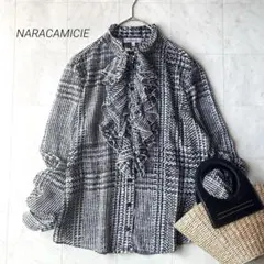 美品】ナラカミーチェ ギャザーネック 長袖ブラウス シャツ 柄 ブルー 