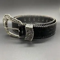 クロコダイル　メンズ　ベルト　ウエスタン　ブラック　シルバー　レトロ　バックル