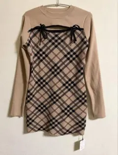 ru1372 チェック柄フロントオープンリボンニットミニワンピース GRL