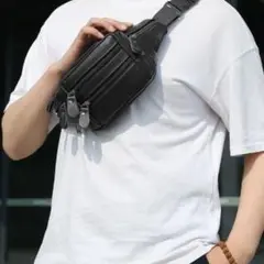 ●新品●本革 ウエストポーチ ボディバッグ 7ポケット＜ブラック＞多機能 黒