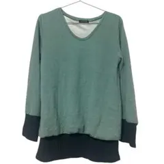 CLASSA ラメ入りVネックトップス Lサイズ グリーン系 配色デザイン