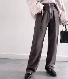 classicalelf ハイウエストデニムチノ タックワイドパンツ S グレー