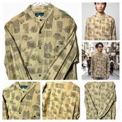 長袖シャツ M L ノーカラー バンドカラー 茶色 黄色 シャツ