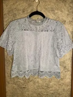 【春夏】くすんだ水色 レース 半袖 ブラウス【裏地付き】