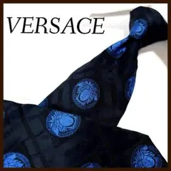 美品 ジャンニヴェルサーチ ネクタイ シルク メデューサ ロゴ 格子柄 黒 青