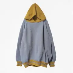 シーイン フード付き ニット プルオーバー セーター くすみブルー XL