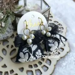 再販♡大人ブラック*ふんわりリボン▶◀上品*粒パール✽お花刺繍インドリボンピアス