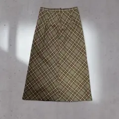 80sレトロ昭和ロングスカートチェックスカートAラインモスグリーンブラウンM