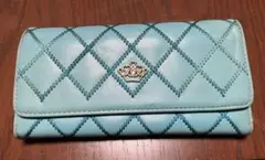 青い長財布 レディース ポケット多数 刺繍ステッチ 中古品