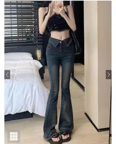 ウエスト折り返しフリンジフレアデニム[ks003]