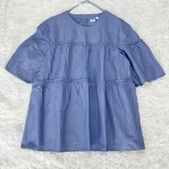 GAP ティアードブラウス フレアスリーブ 半袖 コットン100% ブルーのサムネイル